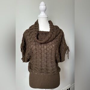 MINKAS Brown Y2K Knit Boho Slouchy Cowl Neck Short Sleeve Sweater Size S